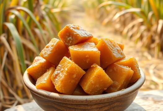 Jaggery (Gud/Gur/Bura) in a bowl, sugarcane farm backdrop,  brown,  dessert