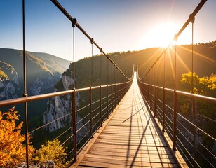 Stunning mountain suspension bridge at golden hour
