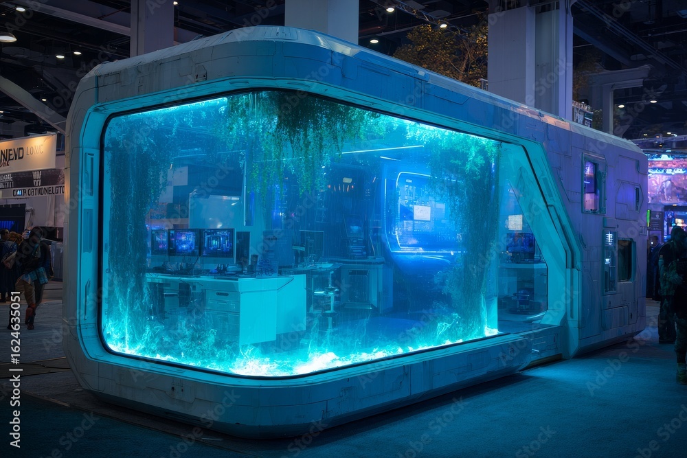 Poster unique gaming display with an aquarium theme at a tech expo showcasing interactive setups and immers