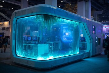 Unique gaming display with an aquarium theme at a tech expo showcasing interactive setups and immersive environments