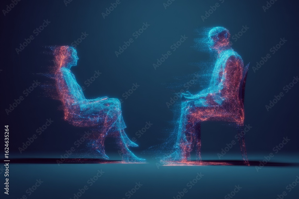 Poster digital representation of two figures engaged in conversation in a dark space with glowing effects
