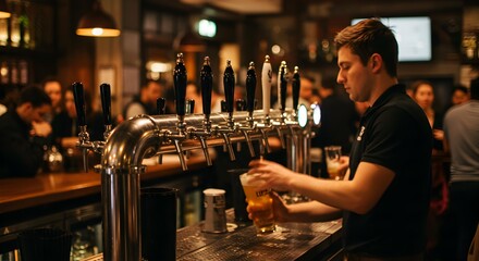 Bartender Pouring a Fresh Draft Beer from the Tap at a Busy Pub