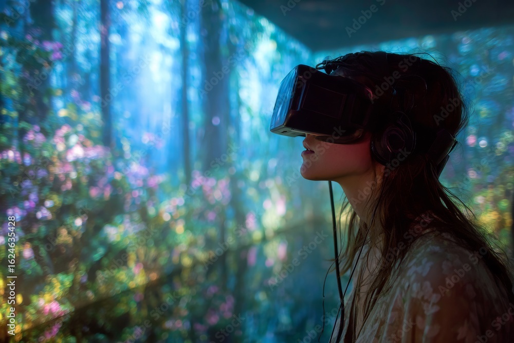 Poster immersive virtual reality experience in a vibrant nature setting with colorful projections