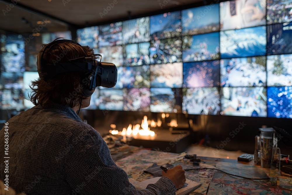 Poster virtual reality experience at a modern studio with multiple screens displaying immersive landscapes