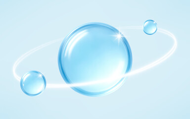Blue glossy serum capsules with glowing energy rings. Skincare and hydration concept. Vector illustration