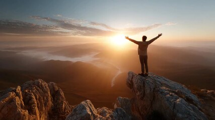 Man on the Summit: A lone figure stands triumphantly atop a rocky peak, arms outstretched towards a breathtaking sunrise, embodying strength, freedom, and the boundless spirit of adventure.