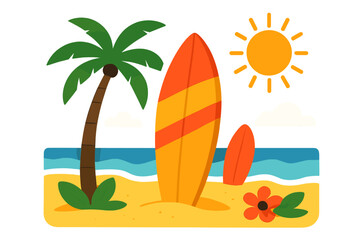 A vibrant beach atmosphere is captured in a colorful illustration that includes a palm tree, surfboards, and a bright sun