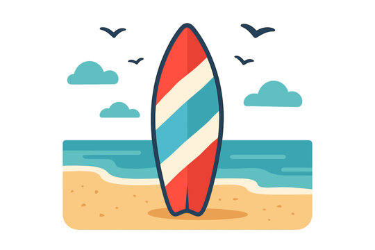 A colorful surfboard, with its fin exposed, sits ready to ride the waves and experience thrilling sea escapades
