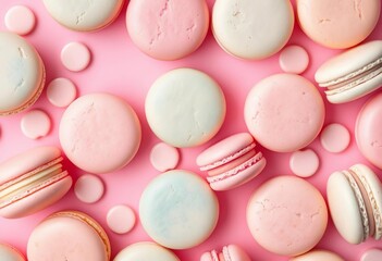 Obraz premium Delicate pastel macarons arranged in a whimsical pattern on a pink background, delicious, background