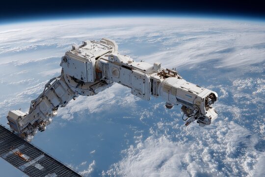 Robotic arm maneuvers in space, showcasing engineering marvel above Earth&rsquo;s atmosphere