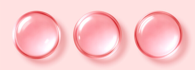 Glossy pink serum drops on soft background. Cosmetic skincare concept. Vector illustration