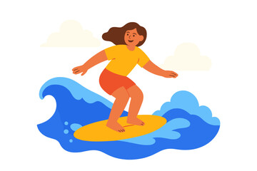Illustration of a cartoon surfer girl riding a wave for a summer vacation and beach lifestyle design project is required