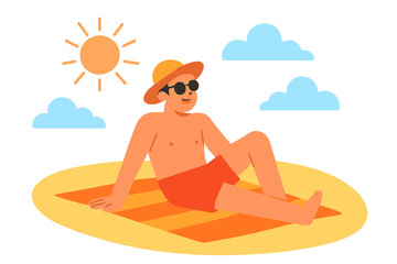 Vector illustration design depicting a man wearing shorts seated on the beach during the summer vacation season