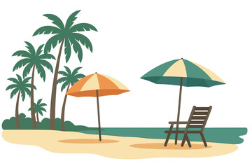 Fototapeta premium A serene seaside setting features swaying palm trees and comfortable sun loungers shaded by a colorful umbrella