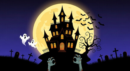 Halloween Night, Haunted House, Spooky Graveyard, Illustration, Eerie Landscape, Side View, Ghostly Fun