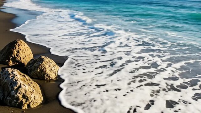 Gentle ocean waves wash over a dark, pebbly beach with large, weathered rocks scattered along the shore, creating a serene and natural coastal landscape