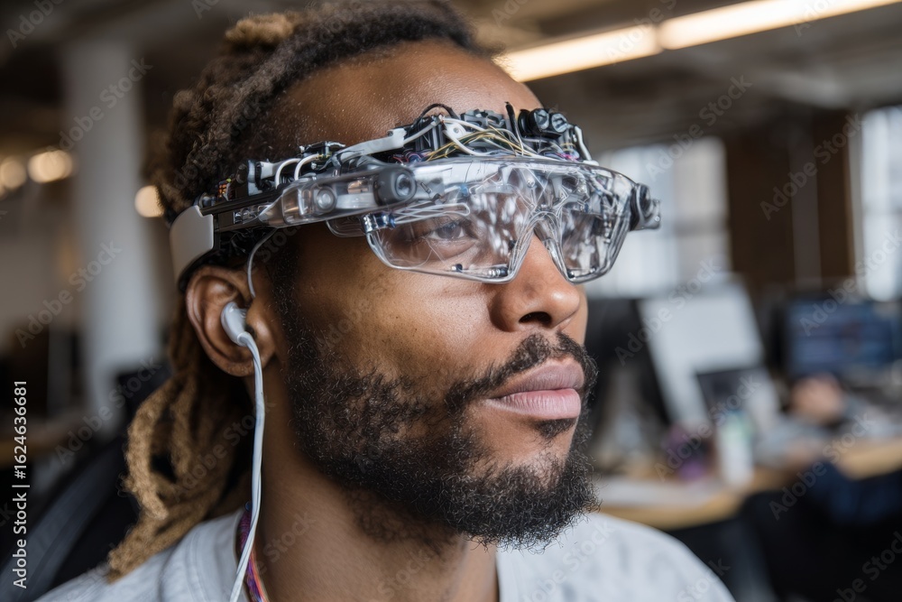 Poster innovative technology use in a modern workspace with a focused individual testing advanced smart gla