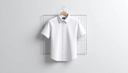 Minimalist mockup of a blank white short-sleeve collared shirt on a hanger. Apparel template for branding and design presentation.