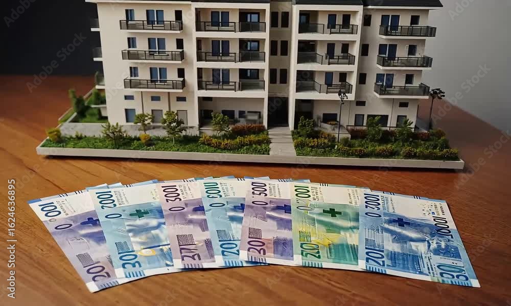 Aufkleber swiss francs arranged in front of a building model on a wooden table surface in a bright setting