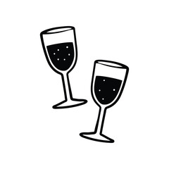 Two Simple Line Art Wine Glasses with Bubbles.