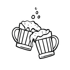 Two HandDrawn Beer Steins Clinking Foamy Topped.