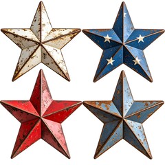 Obraz premium Four rustic metal stars in red, white, and blue, showing signs of wear and weathering
