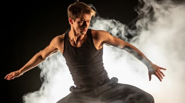 Male Dancer Posing In Front Of Smoke In Black Tank Top And Pants Against Black Background