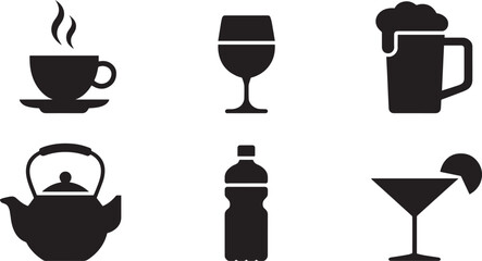Beverage Icons Collection Coffee Wine Beer Teapot Water Bottle Cocktail Drink Vector Design