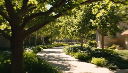 Sunny path through lush garden
