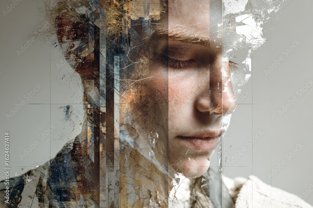 Poster artistic portrait showcasing a fused abstract texture with a serene face under soft lighting in a cr