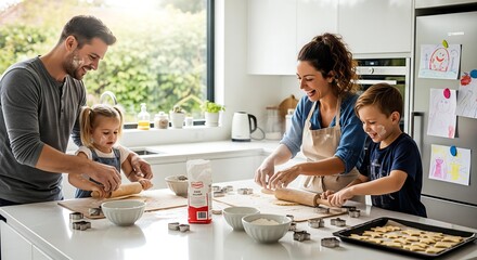 Fototapeta premium An aesthetic photorealistic image of a family hiking together on a mountain trail, with the father pointing out the breathtaking view.