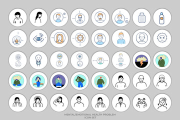 Mental and emotional disorders related icon set. Thin line editable stroke icons including depression, anxiety, PTSD, bipolar, schizophrenia line icons.
