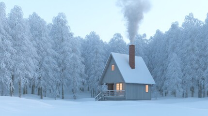 Naklejka premium Snowy cabin in a frosted forest