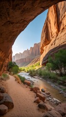 Fototapeta premium A winding dirt path follows a flowing river through a majestic red rock canyon, framed by an arch and bathed in warm sunlight.