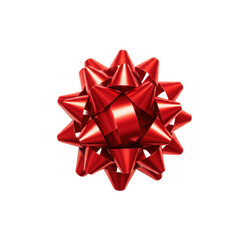 A single, vibrant red metallic gift bow, high-gloss and reflective, with symmetrical loops and sharp creases, captured in a close-up top view on a transparent studio background with bright, even