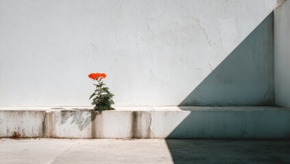Single orange flower on a concrete ledge