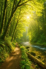 Obraz premium Sunlit Forest Path Along a Sparkling River in Lush Pacific Northwest Woods