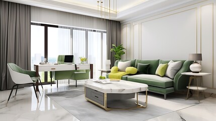 Fototapeta premium Luxury studio apartment interior design with soft green sectional sofa corner office setup with sleek walnut desk, mesh chair, and laptop, 3D Illustrations. 3D Rendering,