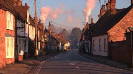 Quaint village street at sunrise