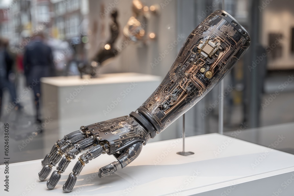 Poster innovative robotic hand with intricate circuitry displayed in a modern gallery setting