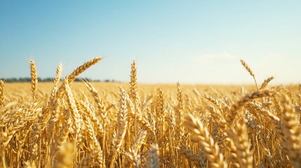 Golden wheat field under clear blue sky, a tranquil agricultural scene