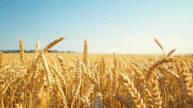 Golden wheat field under clear blue sky, a tranquil agricultural scene - Powered by Adobe