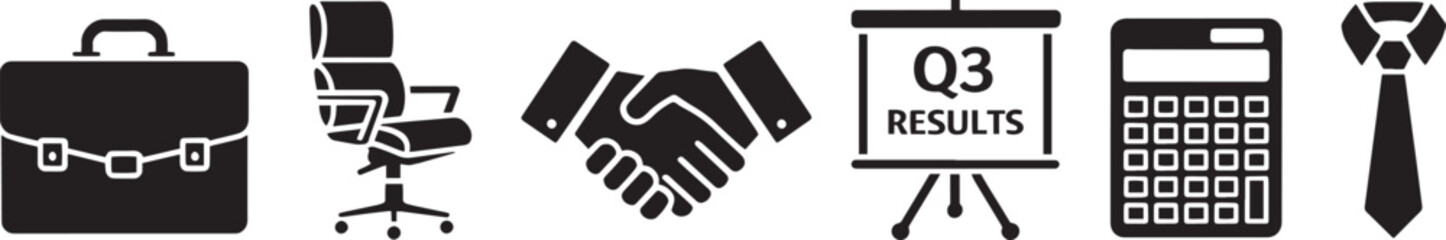 Business and Office Icons Set Briefcase, Chair, Handshake, Presentation, Calculator, and Tie