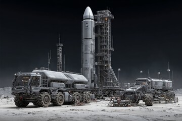 Rocket launch site on the moon featuring advanced vehicles and equipment in a futuristic environment