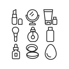 Beauty Products and Skincare Routine Outline Icons Set on Isolated White Background