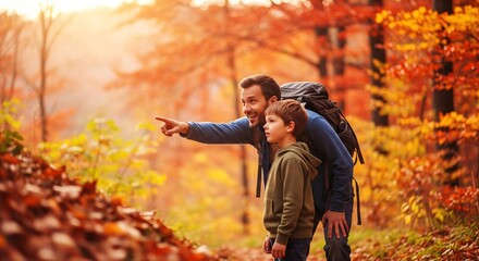 A beautiful mockup of a father and son hiking in a beautiful, autumnal forest, with the father pointing out something in the distance.