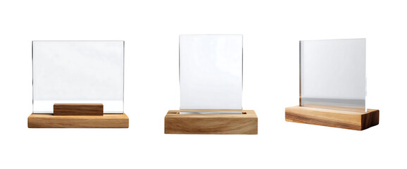 set of Blank acrylic sign holder on wooden base isolated on a transparent background, in a PNG format
