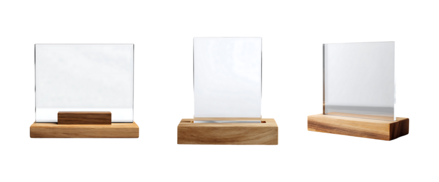 set of Blank acrylic sign holder on wooden base isolated on a transparent background, in a PNG format