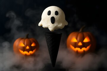 Spooky Ghost Ice Cream Cone on a Dark Background with Jack O Lanterns and Fog