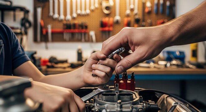 A close-up of a father's and son's hands, working together on a classic car engine in a garage, symbolizing a shared passion and passing down knowledge.